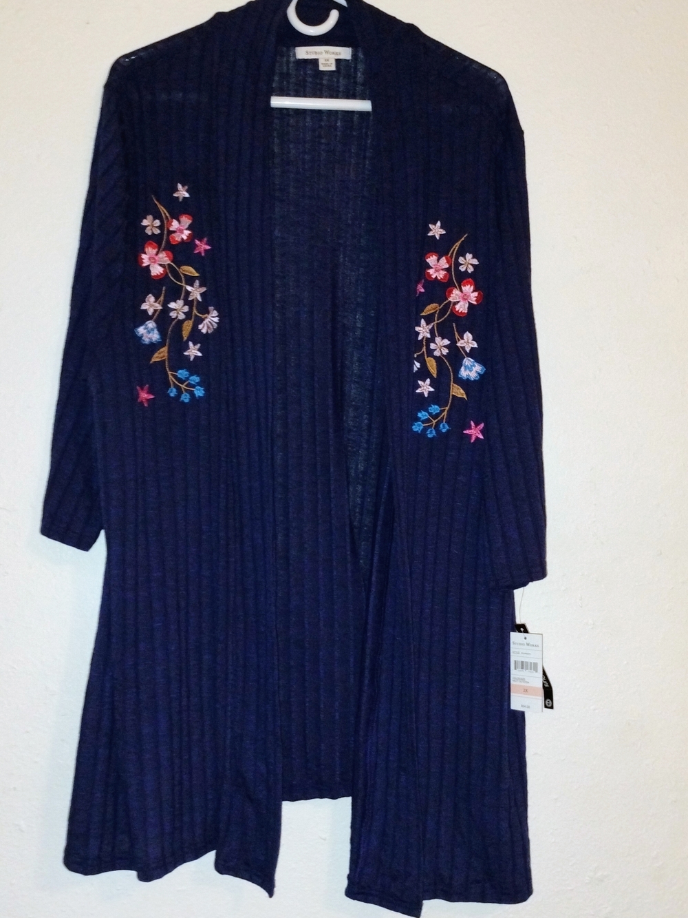 Studio Works Navy Open-Front Cardigan with Floral Embroidery